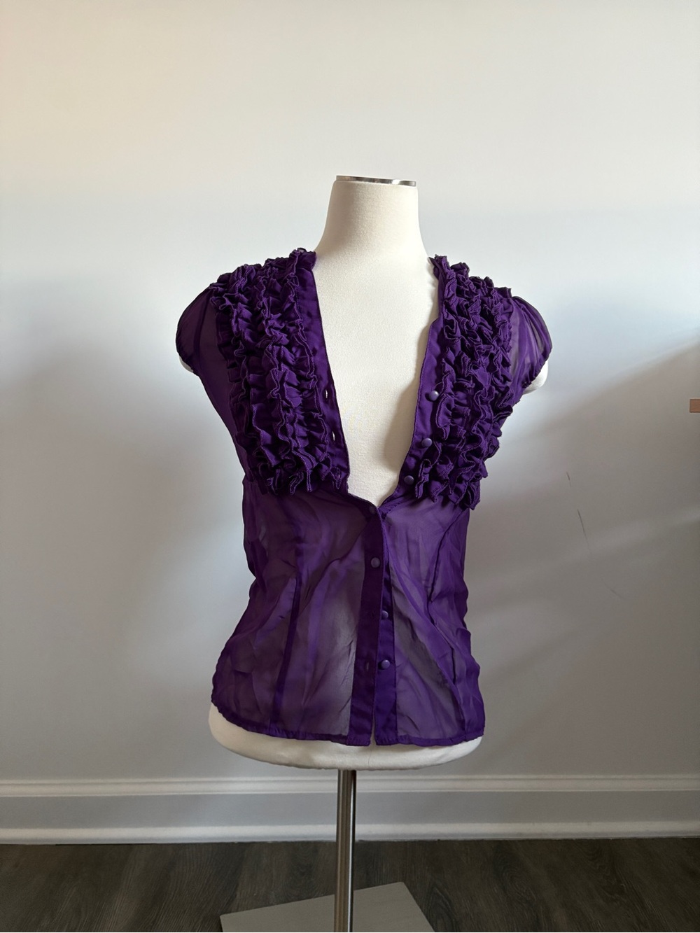 Purple Sheer Ruffle Blouse | Button-Up | XS